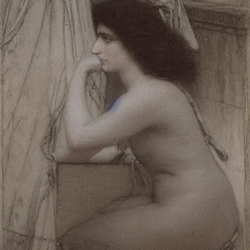 Prompt: study made in preperation for a masterpiece. black and white chalk on brown paper. by herbert james draper and sir lawrence alma-tadema and arnold bocklin.