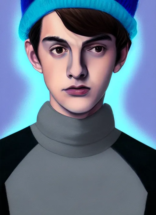 Image similar to portrait of teenage jughead jones wearing a light grey crown, crown, blue turtleneck, 1 9 5 0 s, closed eyes, photorealistic, black hair, glowing lighting, intricate, elegant, glowing lights, highly detailed, digital painting, artstation, concept art, smooth, sharp focus, illustration, art by wlop, mars ravelo and greg rutkowski