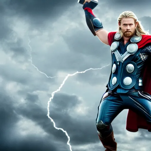 Prompt: thor with canine head, holding a hammer, cinematic thunder background