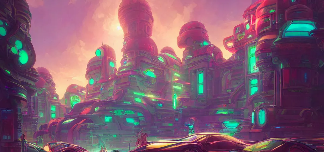 Image similar to street view of a cybernetic temple, vaporwave aesthetic, colorful, psychedelic, digital painting, artstation, concept art, smooth, sharp focus, illustration, art by artgerm and greg rutkowski and alphonse mucha