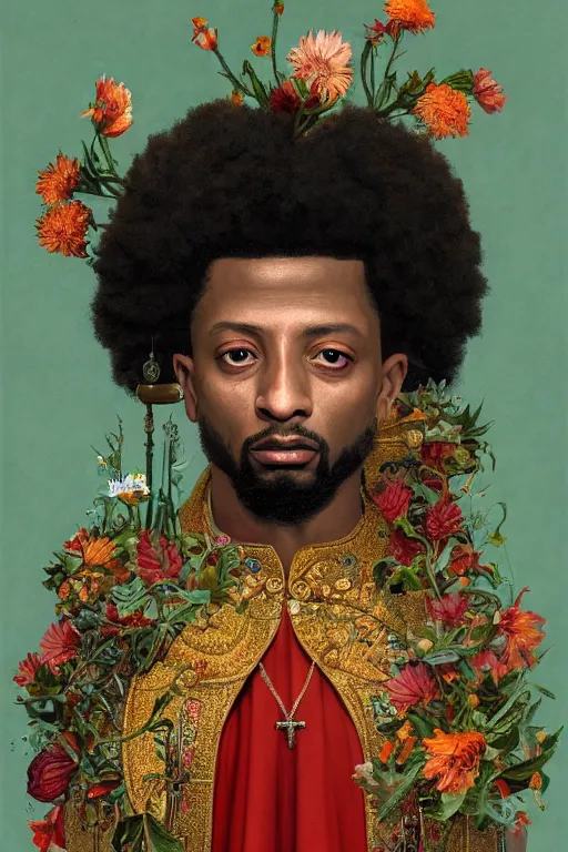 Image similar to breathtaking detailed concept art painting of the god of 2 1 savage, orthodox saint, with anxious, piercing eyes, ornate background, amalgamation of leaves and flowers, by hsiao - ron cheng, extremely moody lighting, 8 k