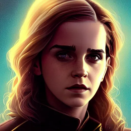 Prompt: Poster artwork by Michael Whelan and Tomer Hanuka, Karol Bak. Rendering of Emma Watson as Hermione Granger. Extreme close up. Clean. Full of details. By Makoto Shinkai and thomas kinkade. Matte painting. Trending on artstation and unreal engine.