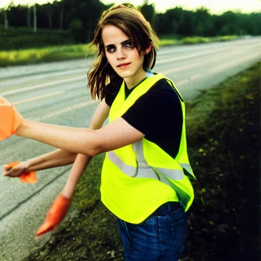 Image similar to photo, close up, emma watson in a hi vis vest picking up trash on the side of the interstate, portrait, kodak gold 2 0 0,