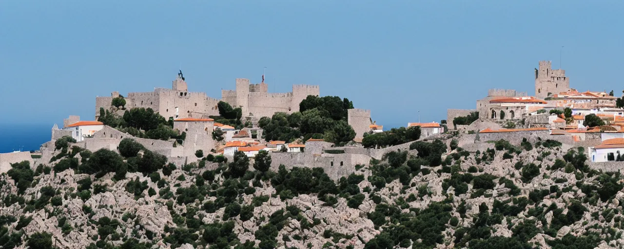 Image similar to 35mm photo of the Spanish castle of Salobrena on the top of a large rocky hill overlooking a white Mediterranean town, white buildings with red roofs, ocean and sky by June Sun