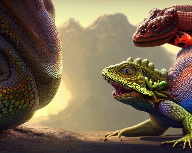 Prompt: of a very beautiful scene. ambient occlusion render. a sweet fat old woman is giving birth to a huge colorful lizard. hyper realistic. 4 k. wide angle. wild. symmetrical face, red mouth, blue eyes. deep focus, lovely scene. ambient occlusion render. concept art. unreal engine.