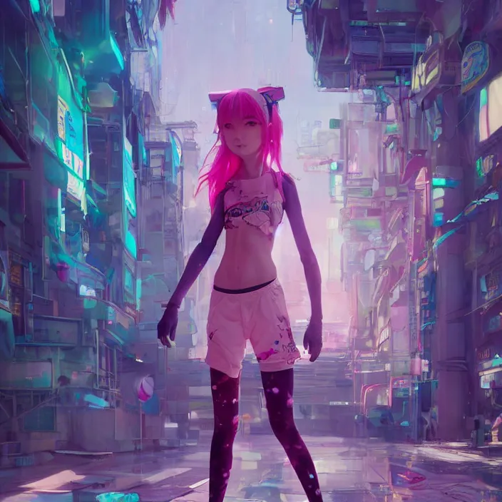 Prompt: a beautiful fullbody portrait of a cute anime girl with pink hairs barefoot wearing sport clothing and leggings under shorts in cyberpunk city. character design by cory loftis, fenghua zhong, ryohei hase, ismail inceoglu and ruan jia. artstation, volumetric light, detailed, photorealistic, fantasy, rendered in octane, rim light