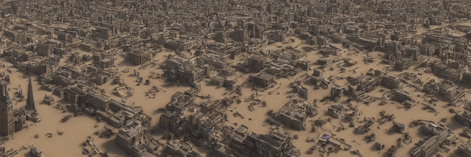 Image similar to london in a drought, covered with sand and corroding buildings, 4k, unreal 5