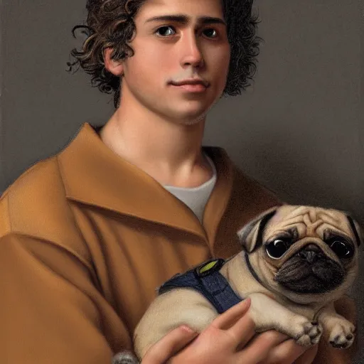 Image similar to self portrait, young white hispanic handsome man with short light brown hair and light skin and a 5 o clock shadow, holding a pug for a picture, fighting against 2 swordsmen pencil art, added detail, high definiton, colored, backfacing, illustrated by raphael