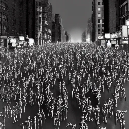 Prompt: photo, a giant crowd of silvery shiny refective black latex claymation skeletons by ray harryhausen inside a 1980's new york nighttime street, dramatic lighting, blue moonlight, distant flickering street light, edge lighting, ray traced lighting