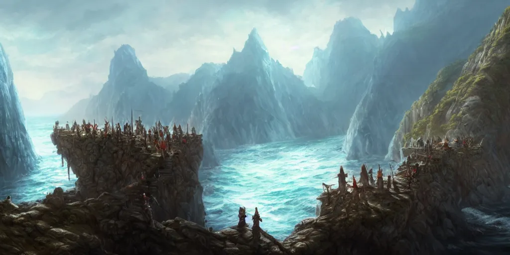 Image similar to D&D adventuring party facing away on cliff overlooking realistic shipwreck, naval background, portrait, magic the gathering artwork, D&D, fantasy, cinematic lighting, centered, symmetrical, highly detailed, digital painting, artstation, concept art, smooth, sharp focus, illustration, volumetric lighting, epic Composition, 8k, art by Akihiko Yoshida and Greg Rutkowski and Craig Mullins, oil painting, cgsociety