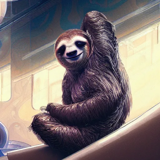 Image similar to detailed science - fiction character portrait of a sloth eating sushi, intricate, wild, highly detailed, digital painting, artstation, concept art, smooth, sharp focus, illustration, art by artgerm and greg rutkowski and alphonse mucha