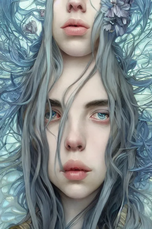 Prompt: Billie Eilish, fantasy, intricate, elegant, highly detailed, digital painting, 4k, HDR, concept art, smooth, sharp focus, illustration, art by artgerm and H R Giger and alphonse mucha