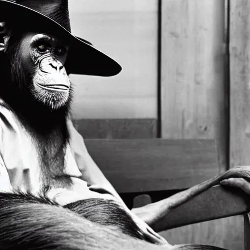 Prompt: photo of a chimpanzee wearing a cowboy hat sitting on le corbusier couch, 5 0 mm, beautiful photo