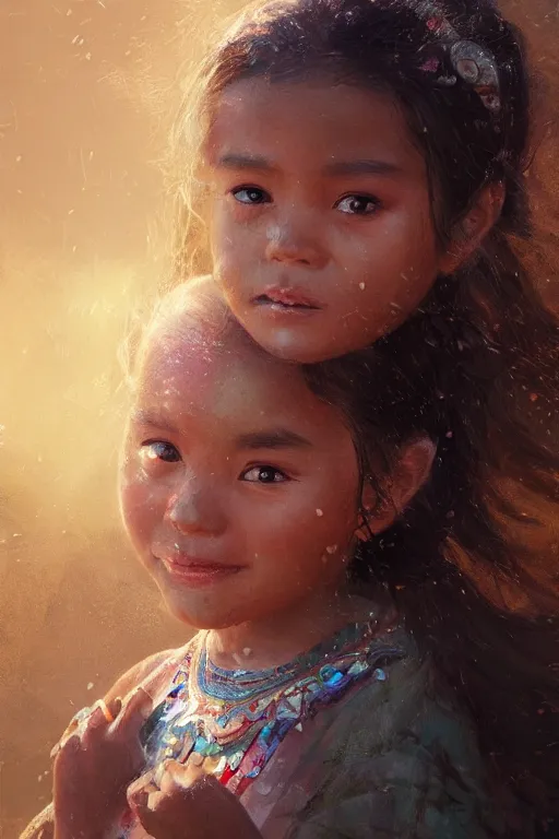 Image similar to aztec little girl, joyful, close - up portrait, intricate, elegant, volumetric lighting, scenery, digital painting, highly detailed, artstation, sharp focus, illustration, concept art, ruan jia, steve mccurry