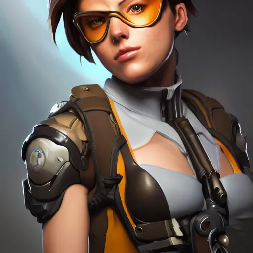 Prompt: a highly detailed portait of tracer from overwatch as kate beckinsale, digital art, pretty face, muscular, very beautiful face, very detailed eyes, 8 k resolution, digital painting, by james gurney wlop, greg rutkowski, full body