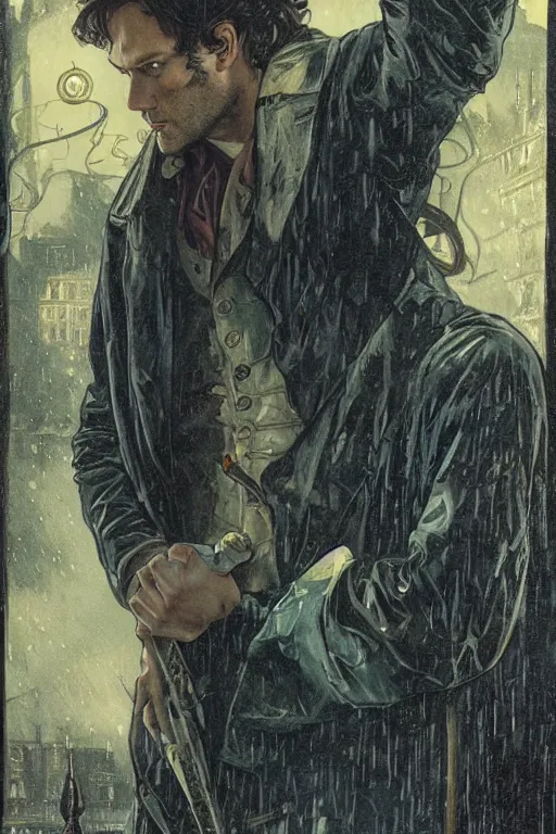 Image similar to a detailed tarot card of jared padalecki in a supernatural sherlock holmes story, 1 8 th century london in the rain, city streets, ominous, masterpiece, 8 k, art by alphonse mucha and greg rutkowski