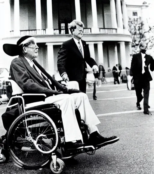 Image similar to j f kennedy as an old man on a wheelchair, photo