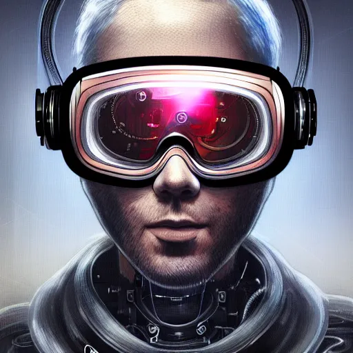 Image similar to a guy connected to wires and tubes, wearing goggles, cybernetic, dystopian, highly detailed, digital painting, artstation, concept art, soft light, sharp focus, illustration