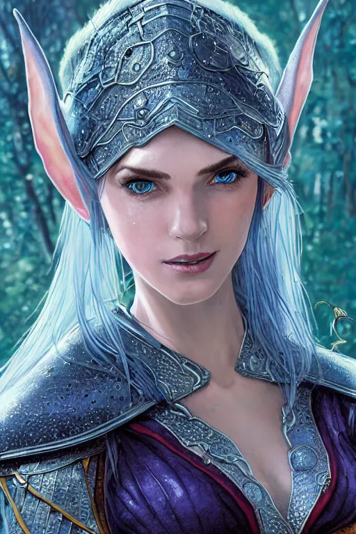 Image similar to alluring highly detailed matte close-up portrait of beautiful elf Shani (from Witcher 3) wearing chesty chainmail bikini and a blue cloak, very detailed, realistic, manga, pen and ink, by Stanley Artgerm Lau, greg rutkowski, thomas kindkade, alphonse mucha, loish, norman rockwell J.