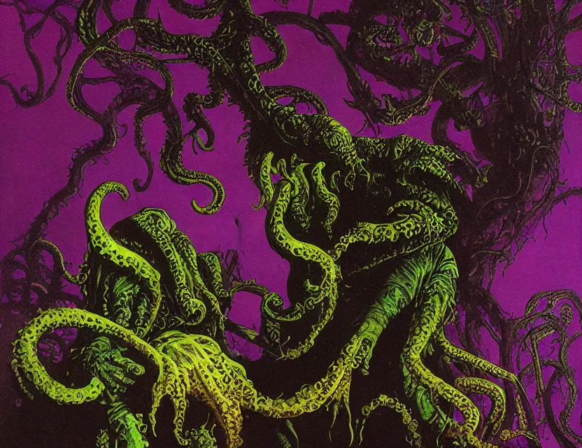 Prompt: a silhouette of a cthulhu in baroque neoclassicist halls overgrown with colorful otherworldly technology. close - up view, detailed textures. glowing purple fog, dark black background. highly detailed fantasy science fiction painting by moebius, norman rockwell, frank frazetta, and syd mead. rich colors, high contrast