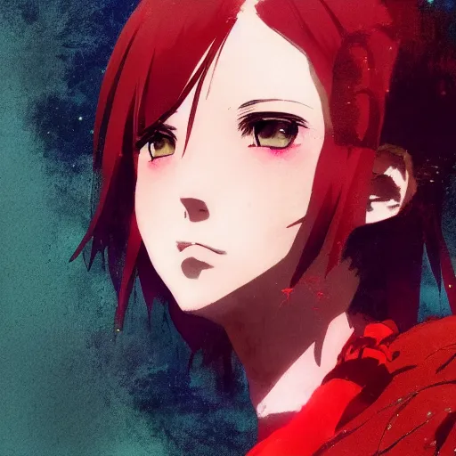 Image similar to anime style portrait of a teen girl with short red hair, dramatic lighting, anime illustration by Greg rutkowski, yoji shinkawa, 4k, digital art, concept art, trending on artstation, アニメ, featured on pixiv