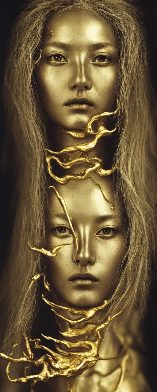 Prompt: Hyper realistic portrait of a goddess ((gold fluid in the background)), Hyper realistic film photography by Yohji Yamamoto, Zeiss 50mm f2.8, Hasselblad, insanely detailed, sharp focus