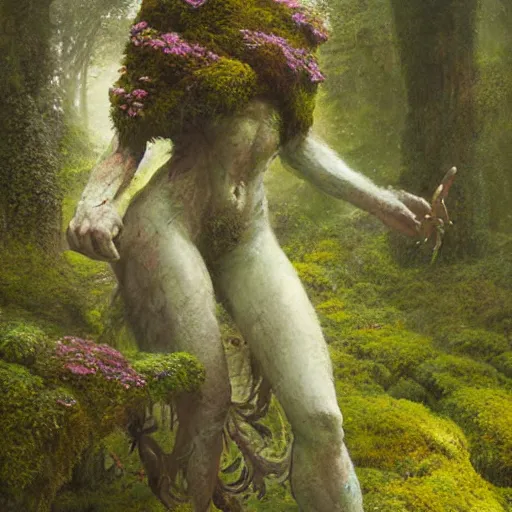 Image similar to a beautiful humanoid monster made out of moss and flowers. ethereal fantasy art by greg rutkowski