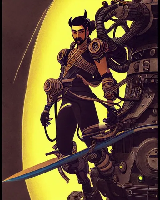 Image similar to hanzo from overwatch, character portrait, portrait, close up, concept art, intricate details, highly detailed, vintage sci - fi poster, retro future, vintage sci - fi art, in the style of chris foss, rodger dean, moebius, michael whelan, katsuhiro otomo, and gustave dore