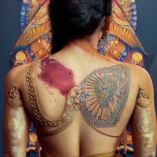 Image similar to portrait painting of a muscular bloodied indian woman lower back, tattooed, wearing sari, ultra realistic, concept art, intricate details, eerie, highly detailed, photorealistic, octane render, 8 k, unreal engine. art by artgerm and greg rutkowski and alphonse mucha