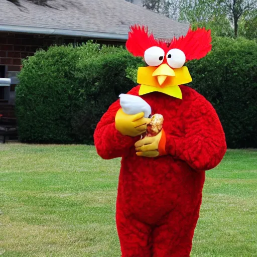 Prompt: a middle aged man in a poorly done chicken costume