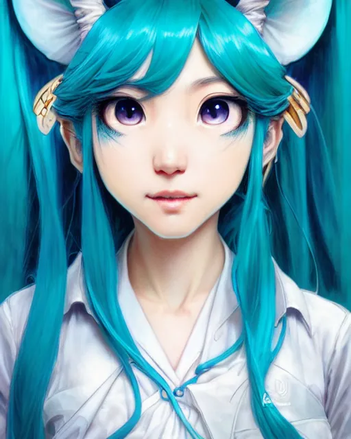 Prompt: portrait of disney hatsune miku!!!!!!!!!!, intricate, elegant, highly detailed, digital painting, artstation, concept art, smooth, sharp focus, illustration, art by artgerm and greg rutkowski and alphonse mucha and uang guangjian and gil elvgren and sachin teng and wlop, symmetry!!