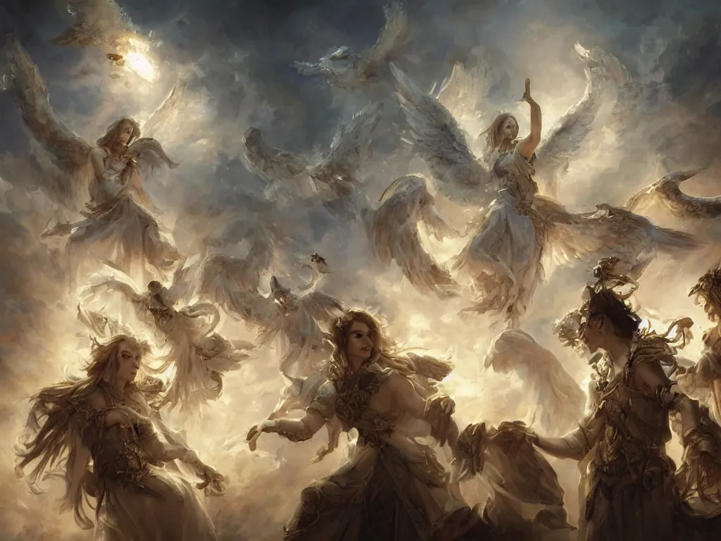 Prompt: a chorus of angels floating in the baroque era, hearthstone art style, epic fantasy style art by Craig Mullins, fantasy epic digital art, epic fantasy card game art by Greg Rutkowski