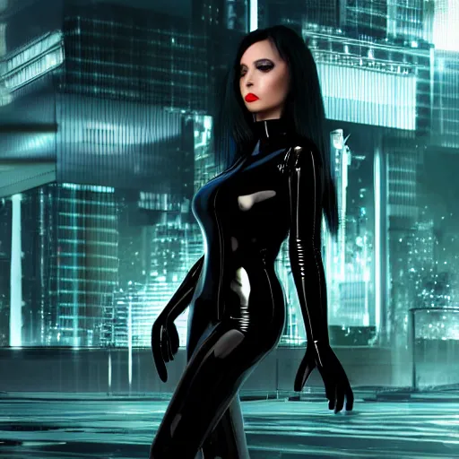 Prompt: futuristic cyberpunk lady dressed in latex catsuit, long hair, high heels, walking towards camera, cinematic, low angle, fog, wide angle, trending on art station