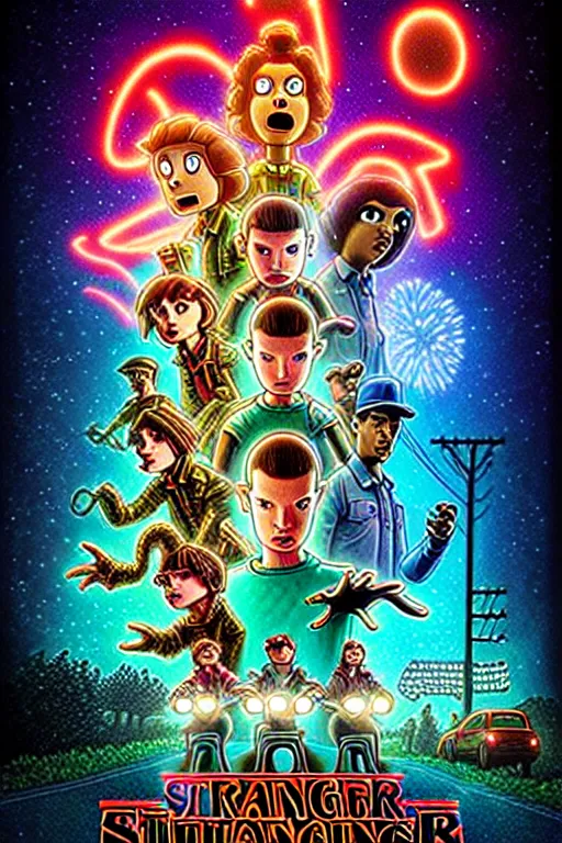 Prompt: animated version of Futurama Stranger Things poster by Matt Groening, cartoon, high resolution, hyper detailed, intricate, illustrated, dramatic lighting !n-9