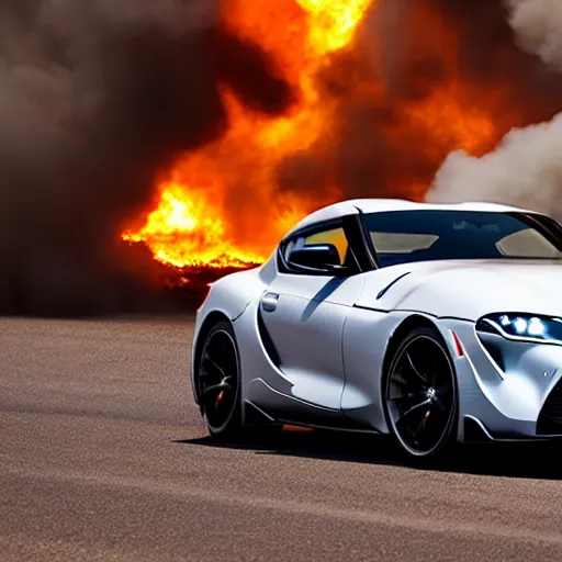 Image similar to Toyota Supra driving trough fire, 8k UHD, studio photography, high quality, high detail, stunning lighting