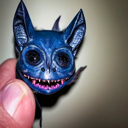 Image similar to detailed photo of scary giant mutant dark blue humanoid pygmy-bat, glowing red eyes, sharp teeth, acid leaking from mouth, realistic, giant, bat ears, bat nose, furred, detailed, 85mm f/1.4