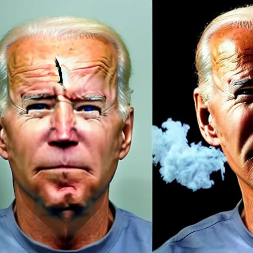 Image similar to joe biden exhaling a cloud of smoke during his mugshot, award winning mugshot photography