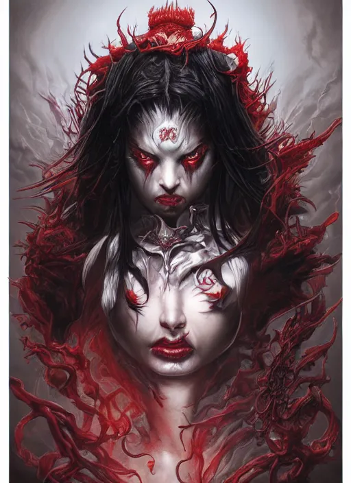 Image similar to a hyper detailed shoulder portrait of black haired girl with red eyes, the queen of blades, sideshow figurines, diablo 4 lilith, by yusuke murata, by hiroya oku, by dorian cleavenger, by tom bagshaw, by zdzisław beksinski, trending on artstation