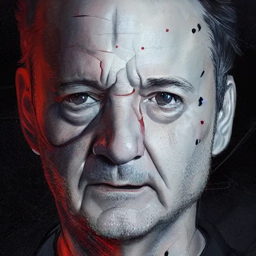 Image similar to close-up, symmetrical!, portrait of a young Bill Murray, bruised and scarred! cyberpunk, techwear! by Greg Rutkowski, matte painting, trending on artstation