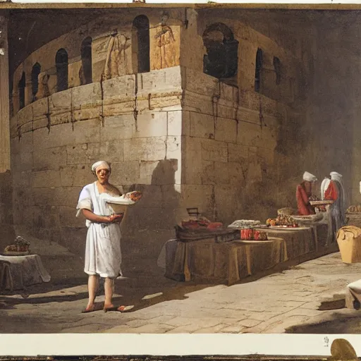 Image similar to a man working a food stand in ancient rome