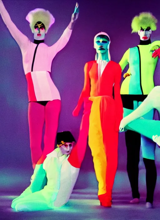 Prompt: david bowie music clip with dancers dressed by sonia delaunay clothing, neon lights, photorealistic, eastman kodak