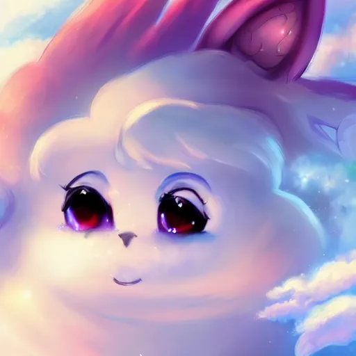 Image similar to cutest fantasy cloud animal, hd, japanese anime artist drawn, dlsr, dream animal cute eyes