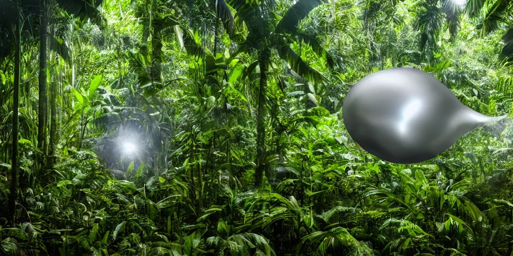 Prompt: photo of a chrome blob hovering in the amazon jungle, cinematic wide shot