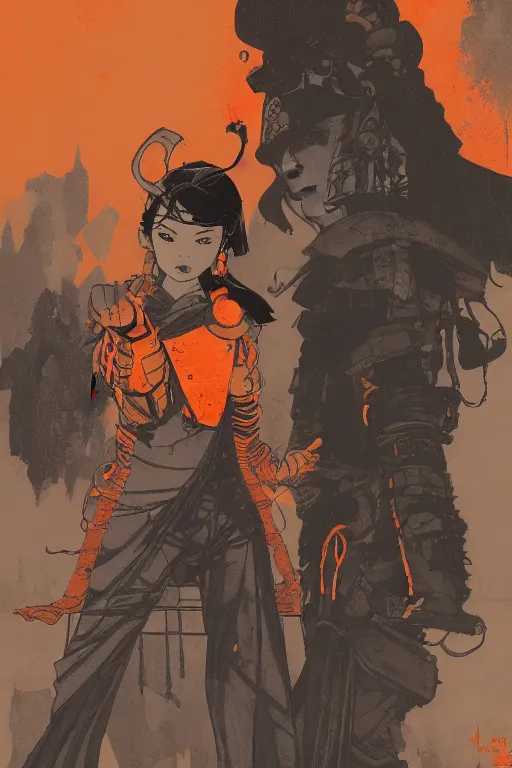 Image similar to interzone orange grey secret society, samurai girl at the crumbling temple by ashley wood and mike mignola and mike ploog and katuya terada and moebius, artstation, 4 k detailed post processing, footage