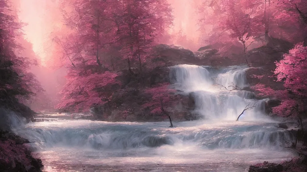 Image similar to the most beautiful abstract painting, where a giant dreamy waterfall creates a river, the trees around are starting to bloom in pink color, a ray light of the sunset is brightening the subject, by greg rutkowski