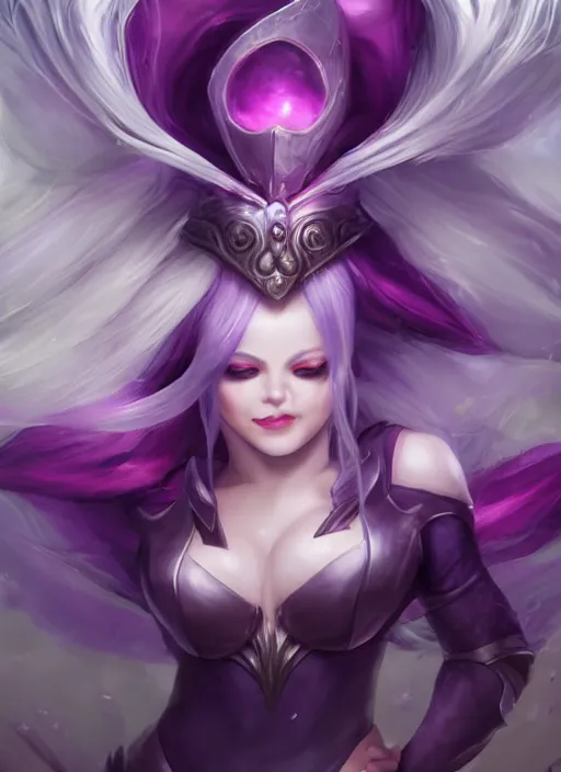 Image similar to smiling syndra, from league of legends, white hair, purple magic, hyper detailed, digital art, au naturel, with abs, trending in artstation, cinematic lighting, studio quality, smooth render, unreal engine 5 rendered, octane rendered, art style by klimt and nixeu and ian sprigger and wlop and krenz cushart