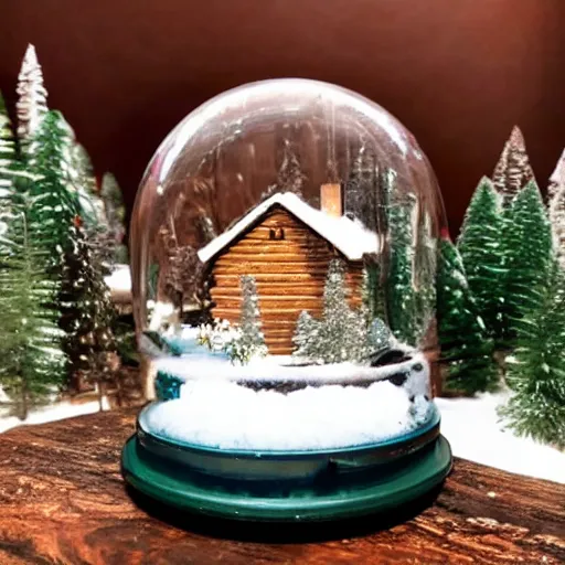 Image similar to A snowglobe on display with a log cabin inside.