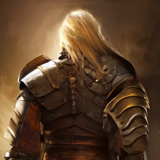 Image similar to rear side portrait of a muscular, ponytail haired blonde man with only left arm armored, wearing a thick brown leather coat, looking to his left, DnD, fantasy, dramatic lighting, digital art by Ruan Jia, Donglu Yu