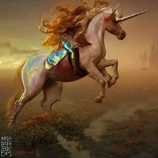 Image similar to a iridescent unicorn is injured, footsteps of blood leading up to it, toxic glowing smog in the sky, ultra realistic, concept art, intricate details, highly detailed, photorealistic, octane render, 8 k, art by art by artgerm and greg rutkowski and alphonse mucha