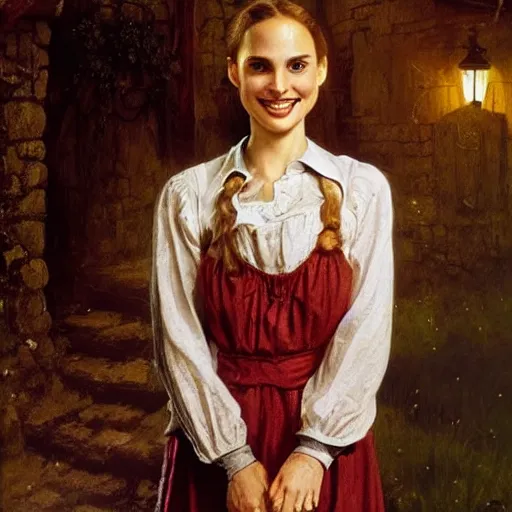 Prompt: young, freckled, curly haired, redhead Natalie Portman as a optimistic!, cheerful, giddy medieval innkeeper in a dark medieval inn. dark shadows, colorful, (((candle light))), law contrasts, fantasy concept art by Jakub Rozalski, Jan Matejko, and J.Dickenson